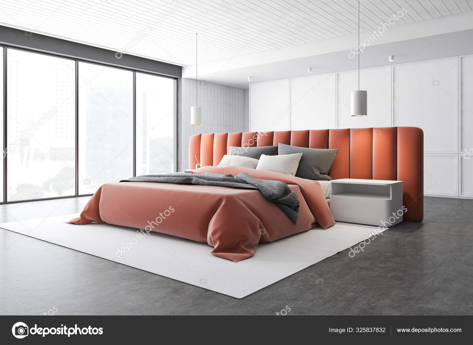 White Panoramic Master Bedroom Corner Orange Bed Stock