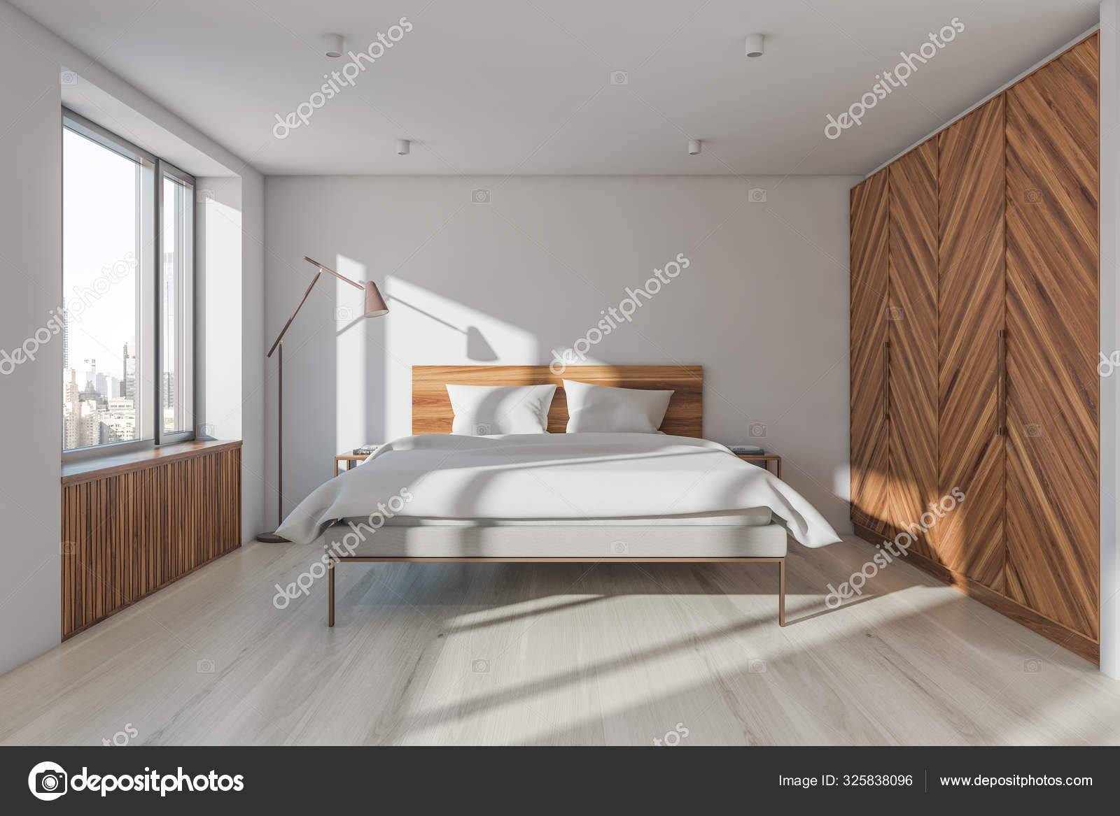 White And Wooden Master Bedroom With Wardrobe Stock Photo