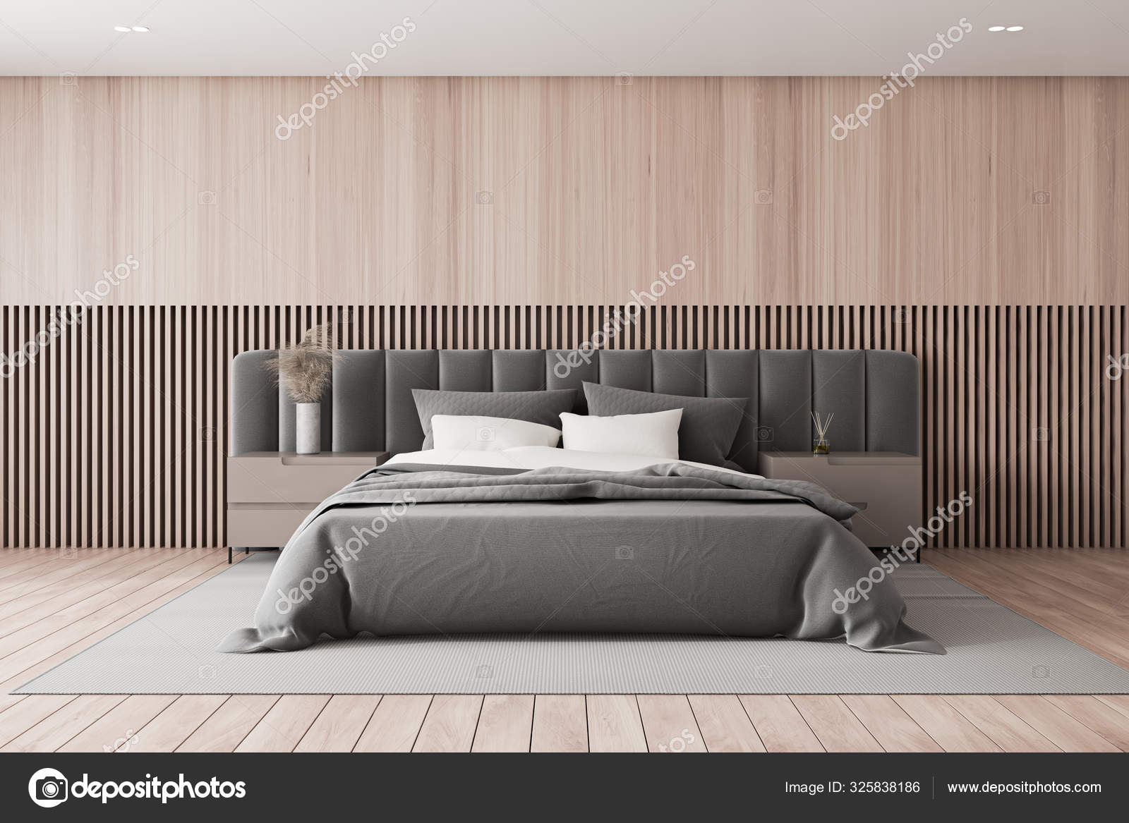 Luxusschlafzimmer mit grauem Bett — Stockfoto © denisismagilov #325838186