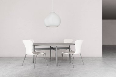 Yuvarlak masalı minimalist beyaz yemek odası