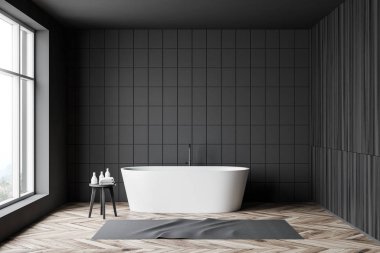 Gri fayans ve ahşap banyo içi küvetli.