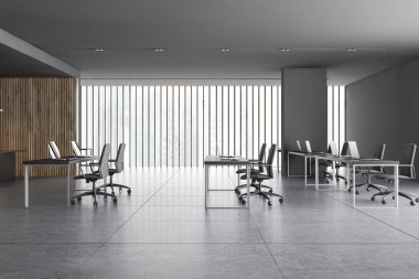 Gri ve ahşap panoramik açık alan ofis