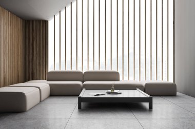 Gri tavan arası oturma odasının içi kanepeyle dolu.