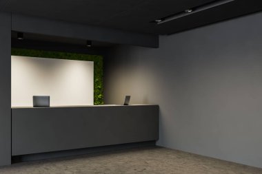 Gri resepsiyon masası köşesi eko tarzı