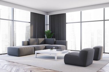 Gri oturma odası köşesi, kanepe ve koltuklar