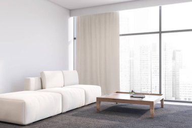 Panoramik beyaz oturma odası köşesi