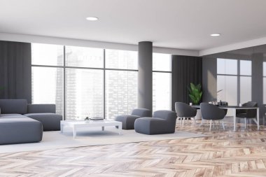 Gri oturma odası ve yemek odası iç