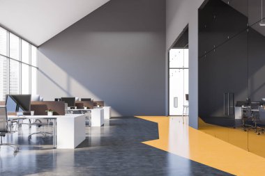 Panoramik gri ve sarı açık uzay ofisi