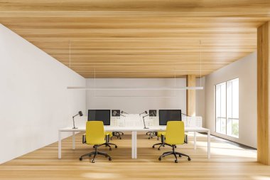 Parlak beyaz ve ahşap açık uzay ofisi