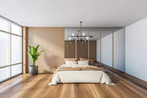 Wooden panoramic master bedroom with mirror — Stock Photo, Image