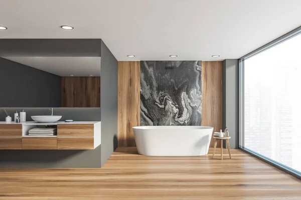 Intérieur marbre noir et salle de bain en bois — Photo