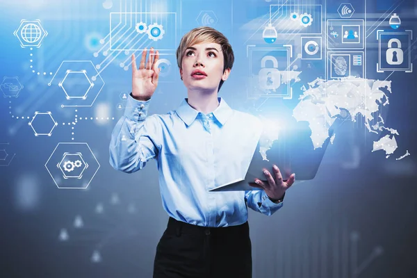 Asian woman engineer using infographic interface — Stock Photo, Image
