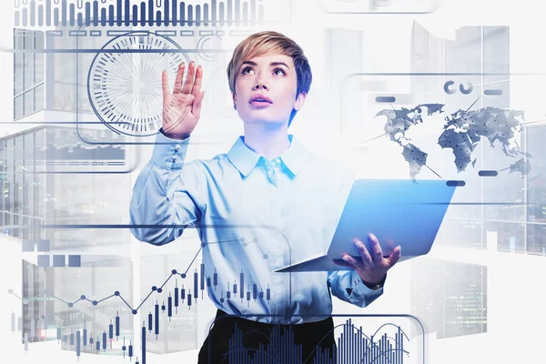 Asian businesswoman using infographic interface — Stock Photo, Image