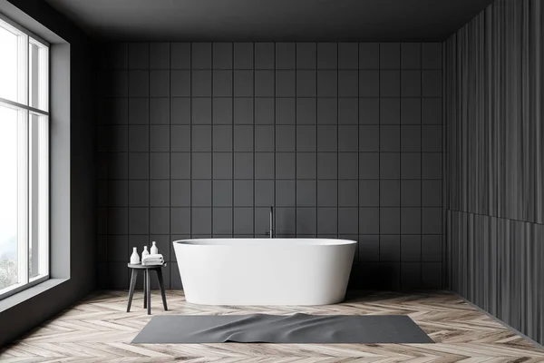 Szare płytki i drewniane wnętrze łazienki z wanną — Zdjęcie stockowe