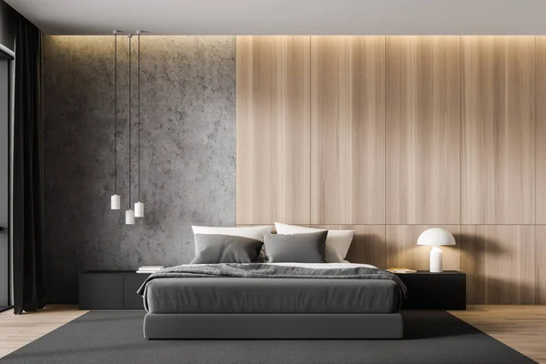 콘크리트와 나무로 된 마스터 침실 내부 — 스톡 사진