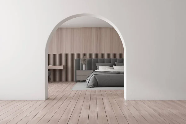 Drewniane wnętrze sypialni z łukiem — Zdjęcie stockowe