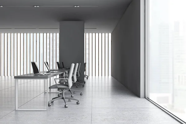 Boční pohled na panoramatickou šedou kancelář otevřeného prostoru — Stock fotografie