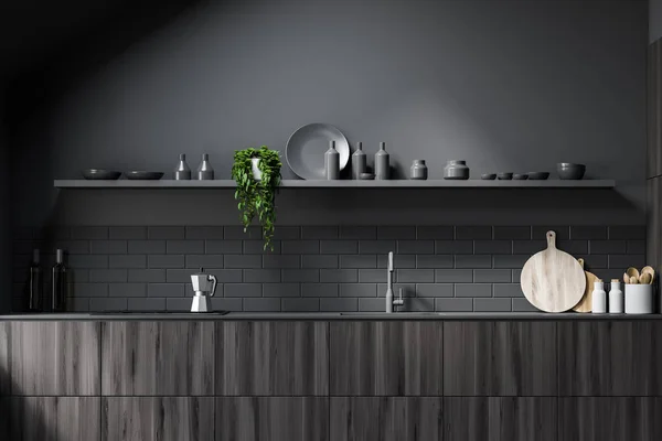 Cucina soffitta grigia con controsoffitti in legno — Foto Stock