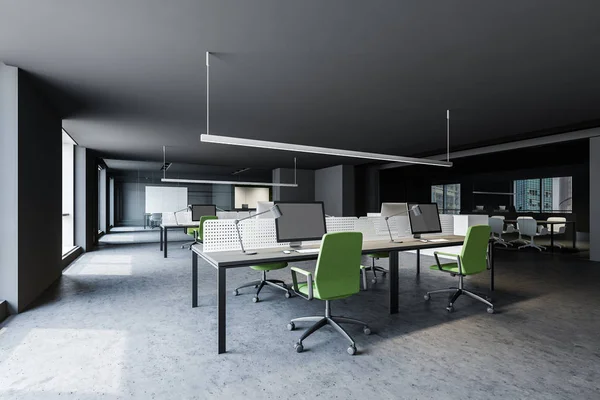 Gray office with green chairs and meeting room