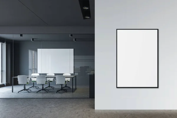 Gray conference room with vertical poster — 图库照片