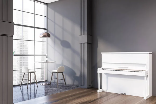 Gray cafe interior with piano