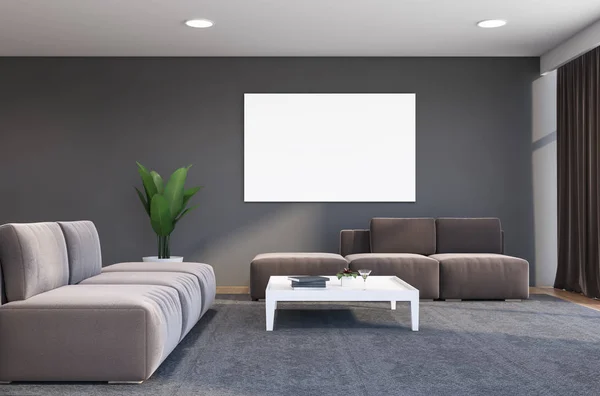 Сірий інтер'єр вітальні з диваном і плакатом — стокове фото