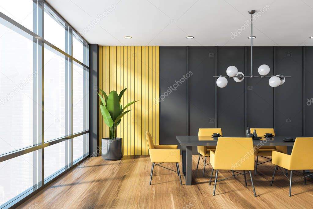 Gray and yellow panoramic dining room interior