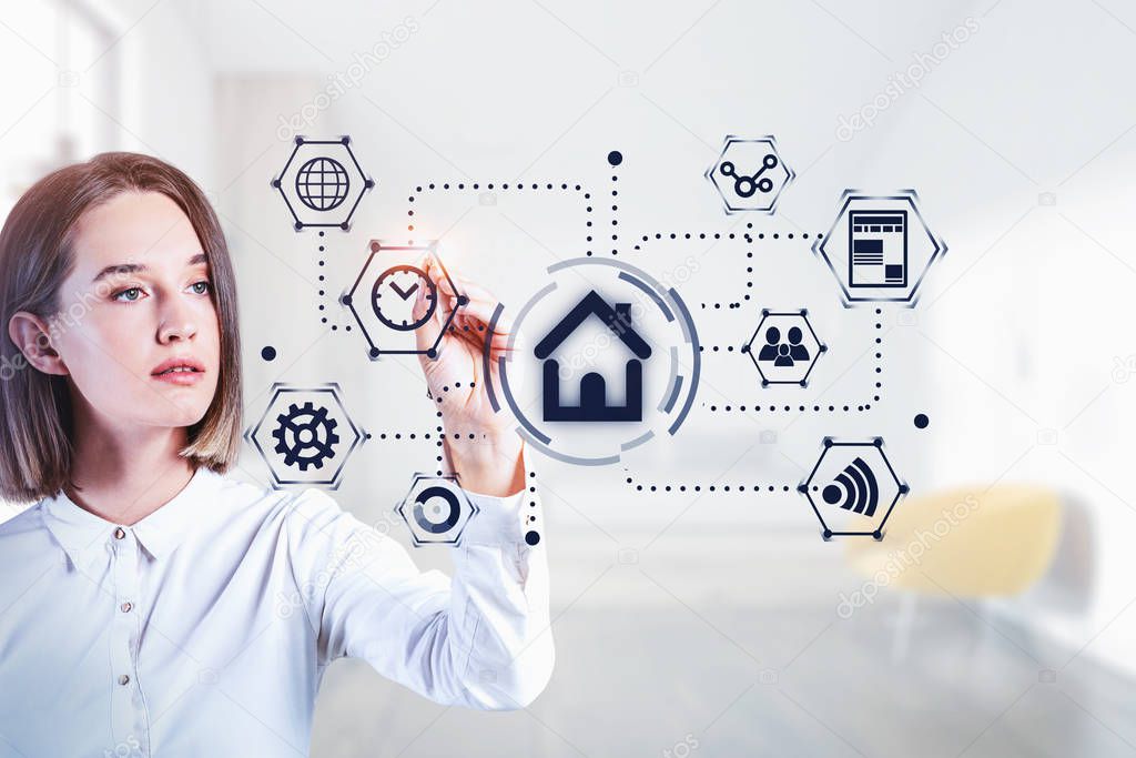 Young woman using futuristic smart home system