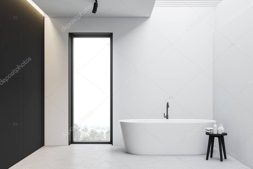 White and gray loft bathroom interior with tub