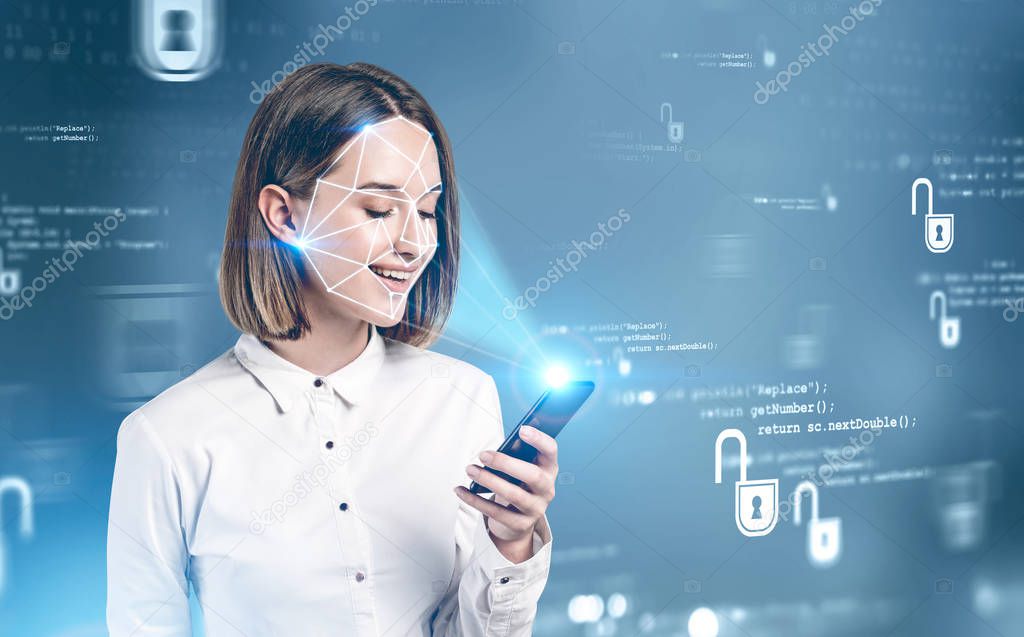 Cheerful young woman with phone, face recognition