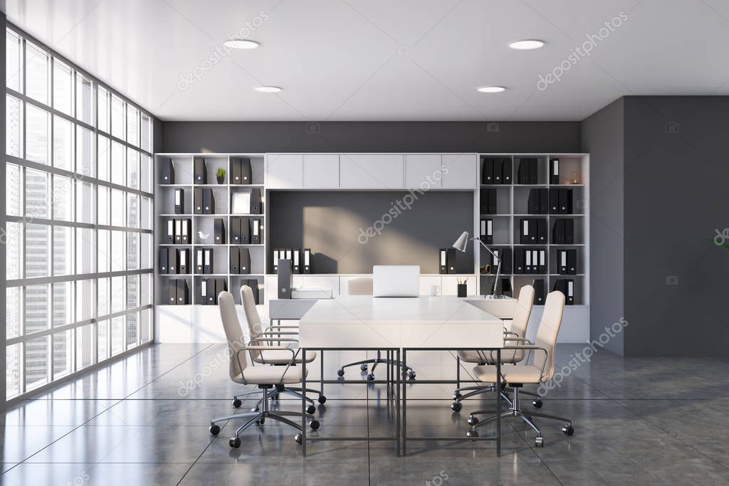 Gray and white CEO office with bookcase