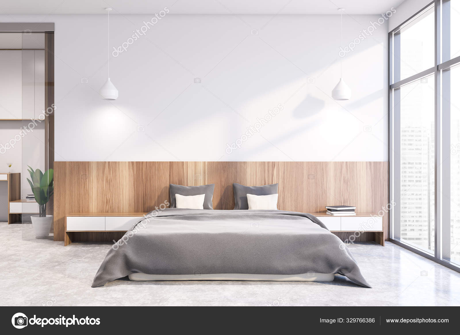 White Master Bedroom Interior Design Stock Photo