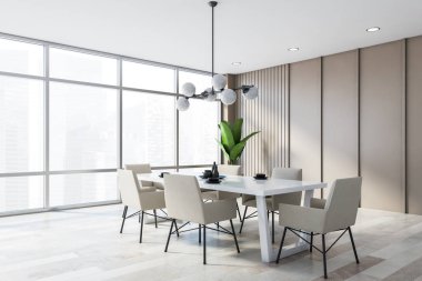 Modern bej panoramik yemek odası köşesi