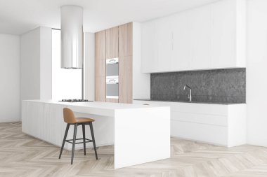 Beyaz ve ahşap mutfak köşe ile bar