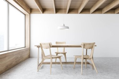 Beyaz ve ahşap yemek odası iç