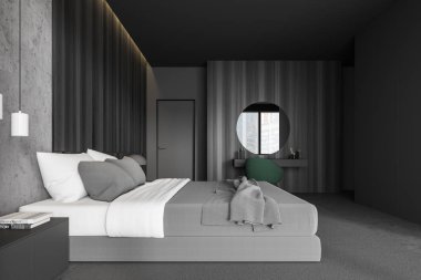 Siyah ahşap yatak odası, makyaj masası, yan görüş.