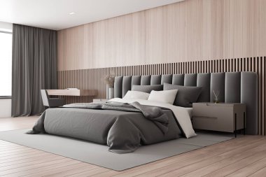 Gri yataklı lüks yatak odası köşesi