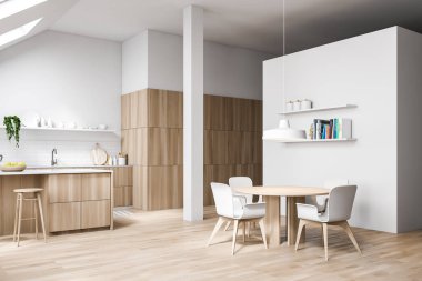 Tavan arası beyaz mutfak köşesi, yuvarlak masa ve bar.