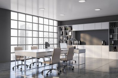Kitaplığı olan gri ve beyaz Ceo ofis köşesi