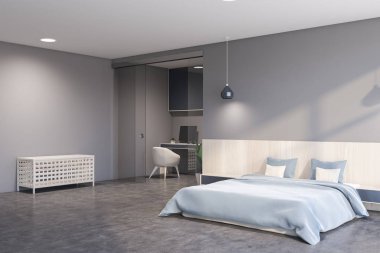 Gri yatak odası ve ofis içi