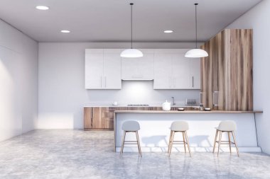 Beyaz mutfak içi beyaz çubuklu.