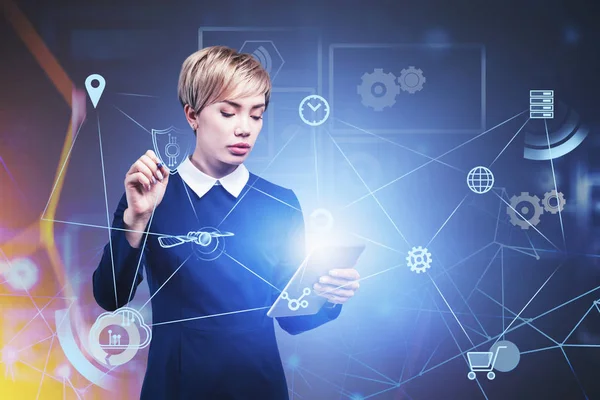 Asian woman with tablet, cloud computer — Stock Photo, Image