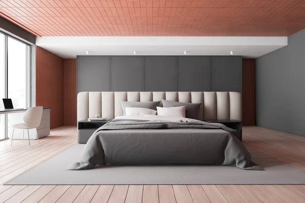 Gray master interior kamar tidur dengan kantor rumah — Stok Foto