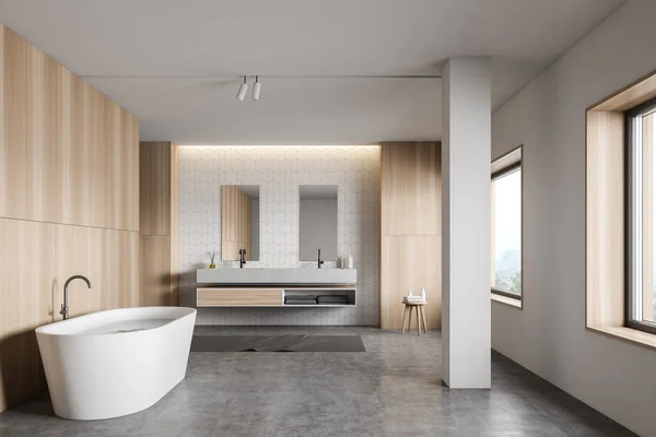 Białe płytki i drewniane wnętrze łazienki — Zdjęcie stockowe