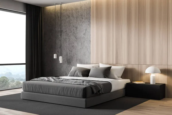 Drewniane i betonowe główne rogu sypialni — Zdjęcie stockowe