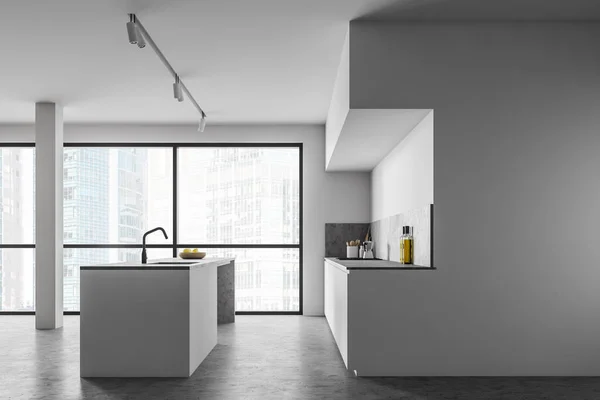 Panoramic white kitchen with island — 스톡 사진