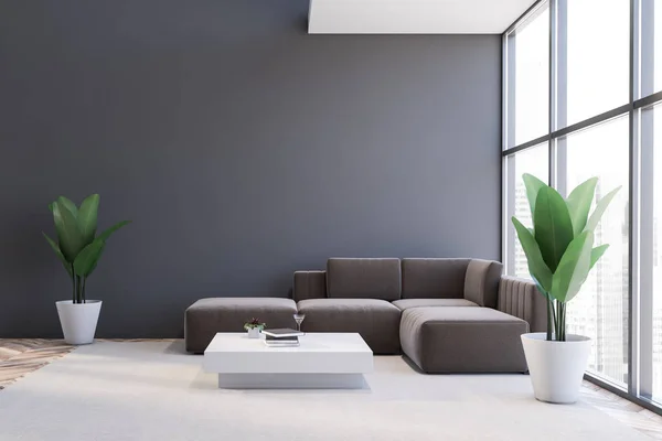 Interior gris salón con sofá marrón — Foto de Stock