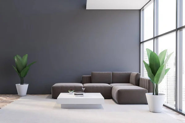 Graues Wohnzimmer mit braunem Sofa — Stockfoto