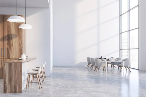 Moderna sala da pranzo bianca e cucina con bar — Foto Stock