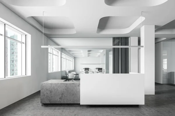 White reception desk in futuristic office